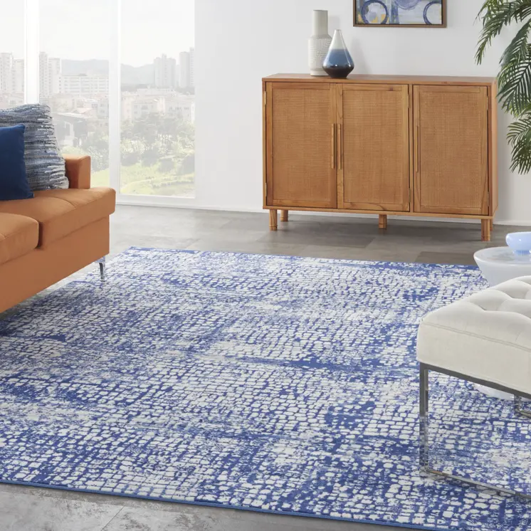 8' X 12' Ivory and Navy Blue Abstract Distressed Non Skid Area Rug