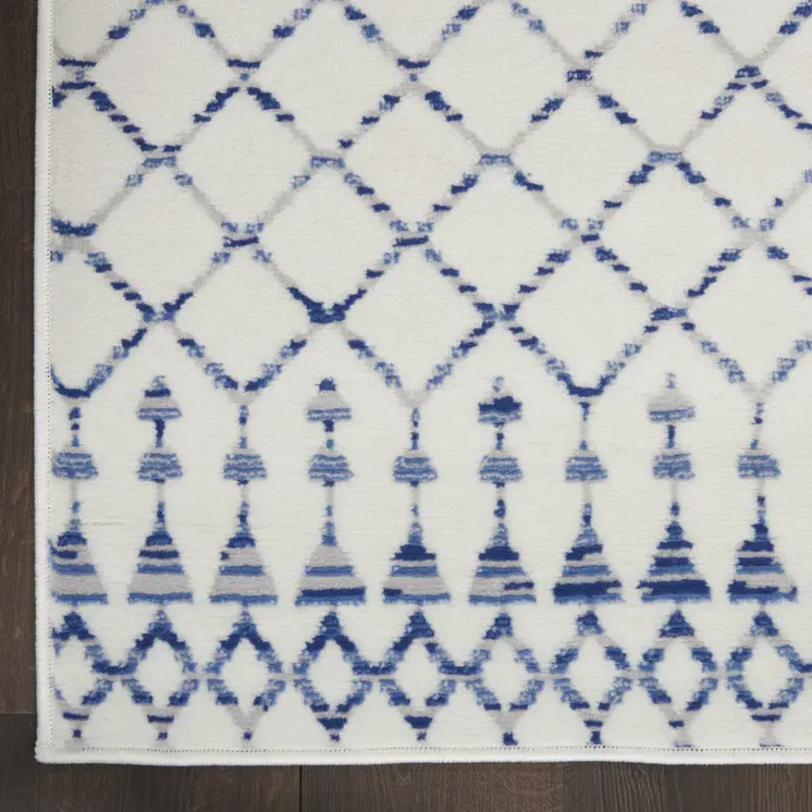 8' X 12' Ivory and Blue Geometric Distressed Non Skid Area Rug