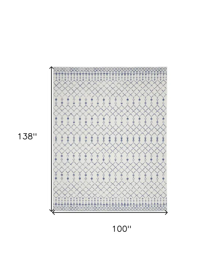 8' X 12' Ivory and Blue Geometric Distressed Non Skid Area Rug