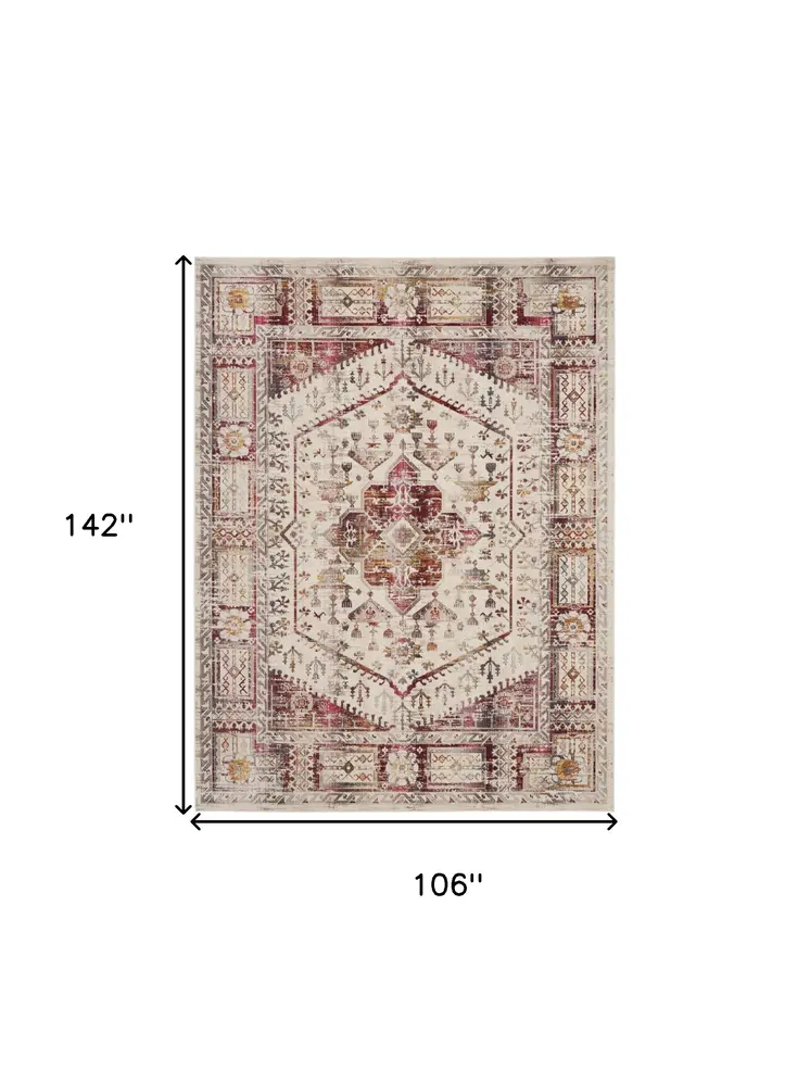 9' X 12' Ivory Red And Orange Floral Distressed Non Skid Area Rug