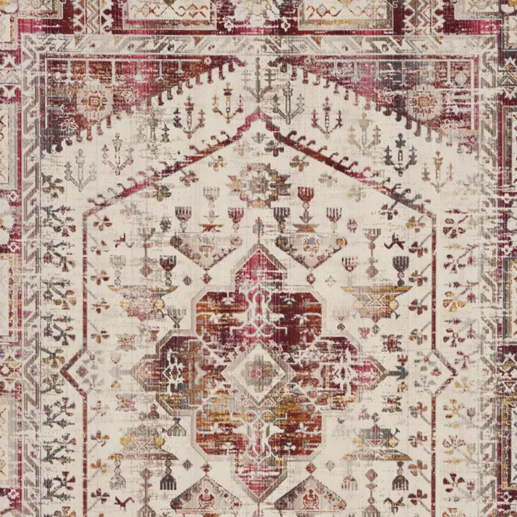 9' X 12' Ivory Red And Orange Floral Distressed Non Skid Area Rug