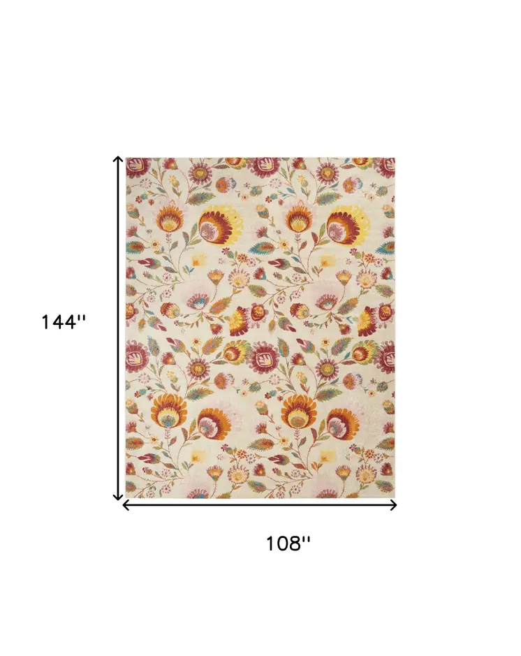 9' X 12' Cream Floral Power Loom Area Rug