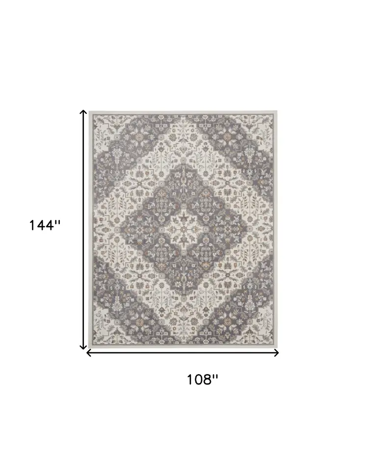 9' X 12' Ivory and Gray Floral Non Skid Area Rug