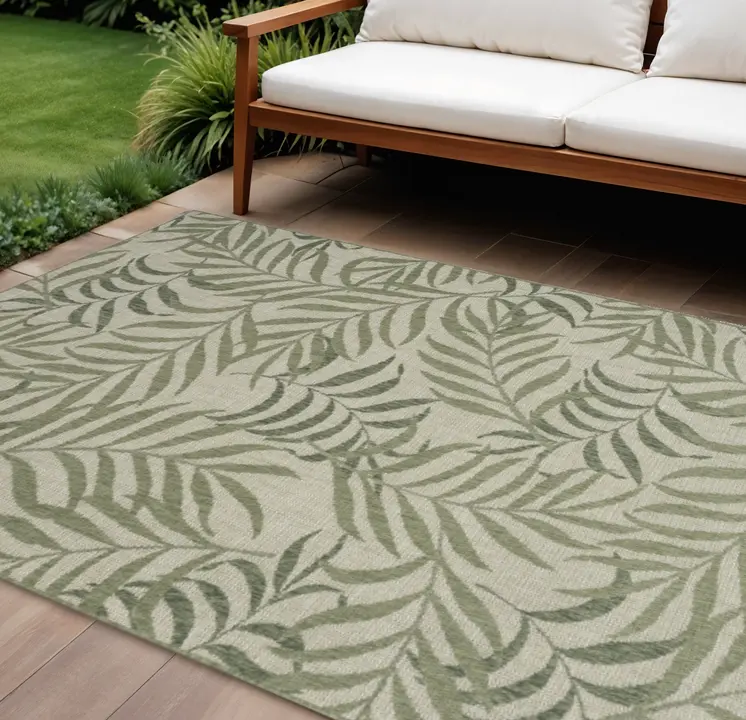 9' X 12' Ivory And Green Palm Leaf Indoor Outdoor Area Rug