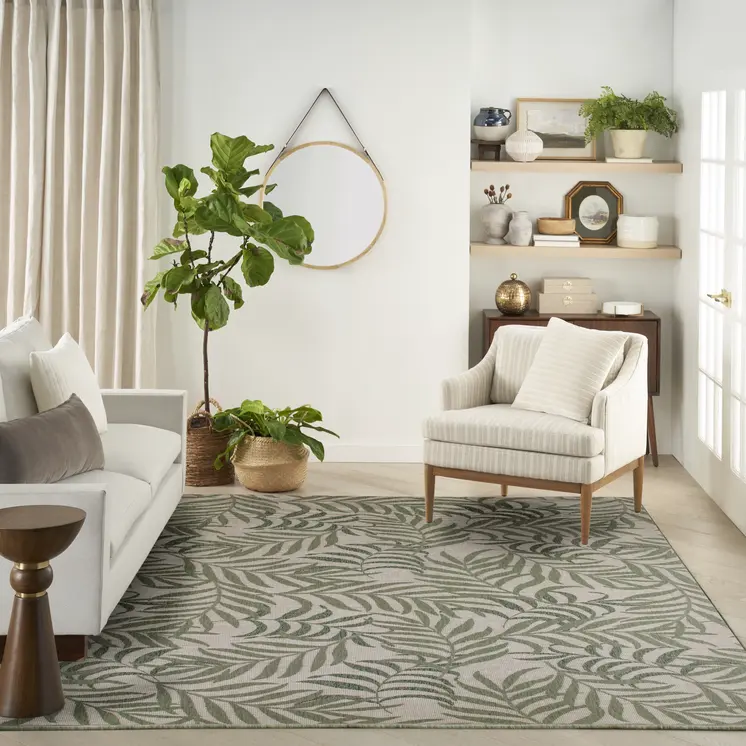9' X 12' Ivory And Green Palm Leaf Indoor Outdoor Area Rug