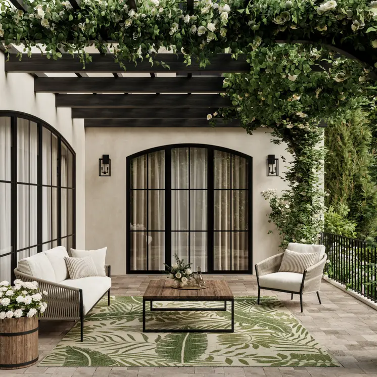 9' X 12' Ivory And Green Palm Leaf Indoor Outdoor Area Rug
