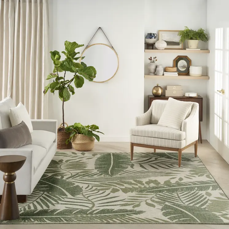 9' X 12' Ivory And Green Palm Leaf Indoor Outdoor Area Rug