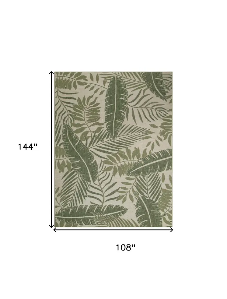 9' X 12' Ivory And Green Palm Leaf Indoor Outdoor Area Rug