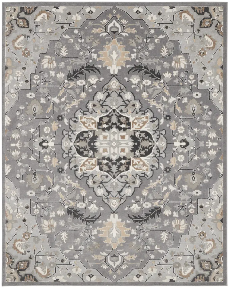 9' X 12' Ivory Black and Gray Floral Medallion Non Skid Area Rug