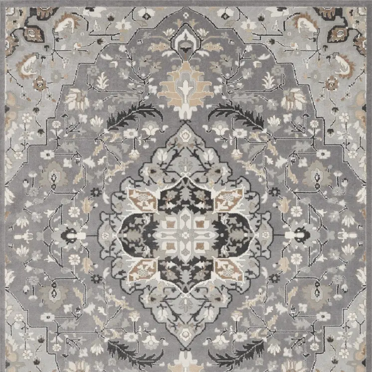 9' X 12' Ivory Black and Gray Floral Medallion Non Skid Area Rug