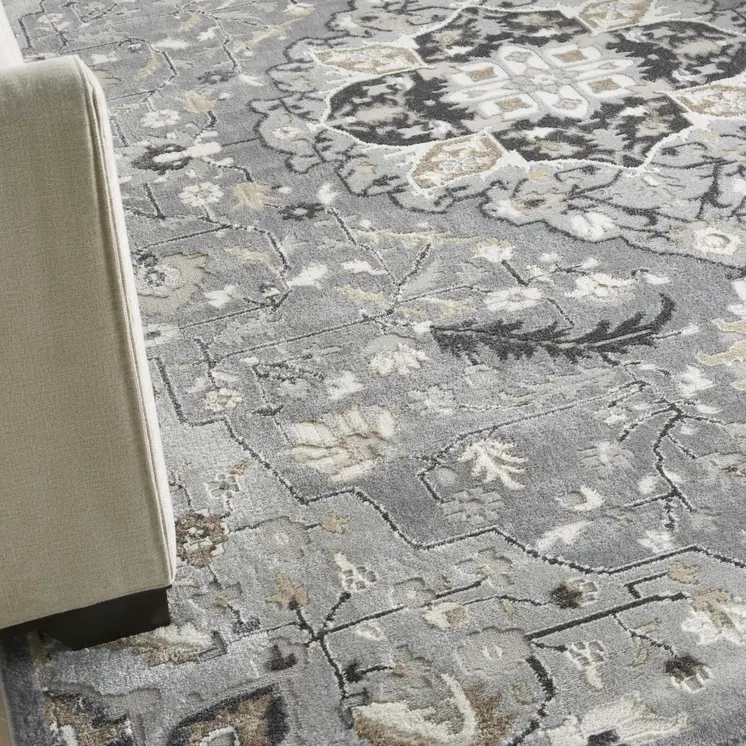 9' X 12' Ivory Black and Gray Floral Medallion Non Skid Area Rug