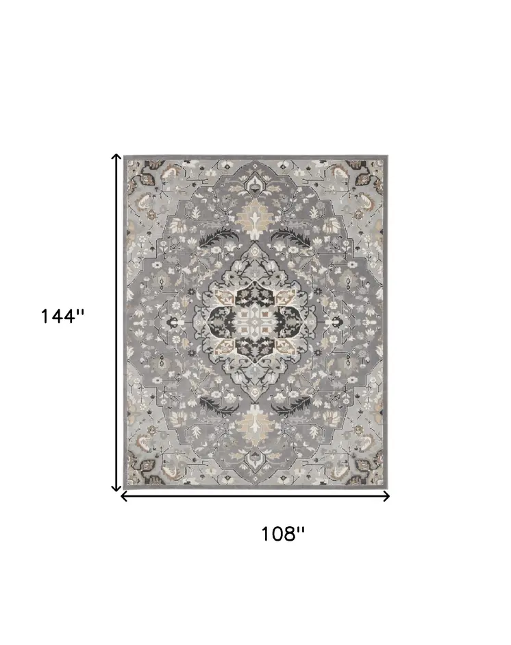 9' X 12' Ivory Black and Gray Floral Medallion Non Skid Area Rug