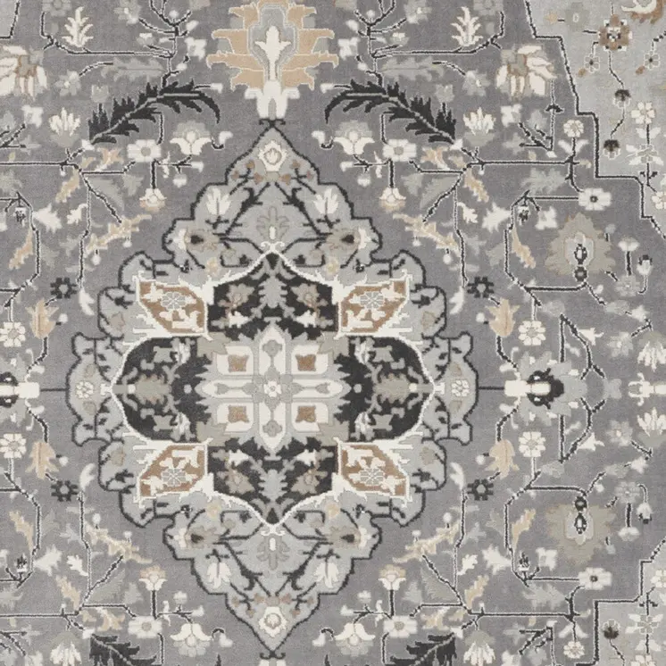 9' X 12' Ivory Black and Gray Floral Medallion Non Skid Area Rug