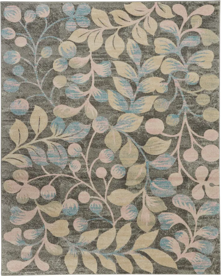 9' X 12' Beige Gray And Blue Botanical Leaves Area Rug