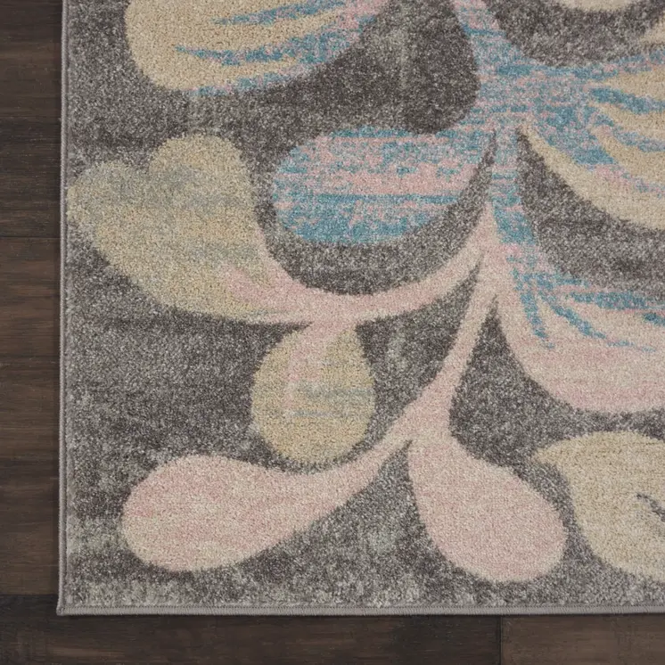 9' X 12' Beige Gray And Blue Botanical Leaves Area Rug