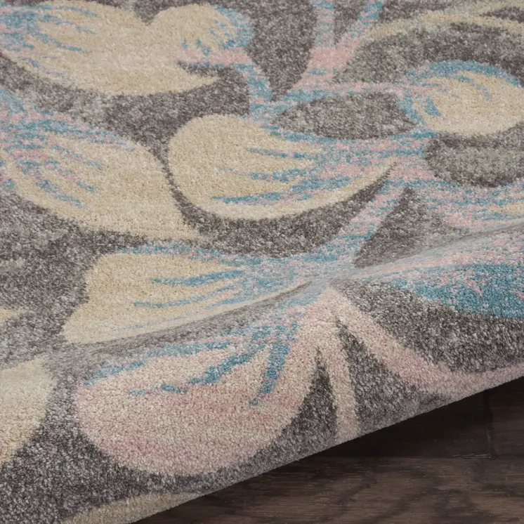 9' X 12' Beige Gray And Blue Botanical Leaves Area Rug