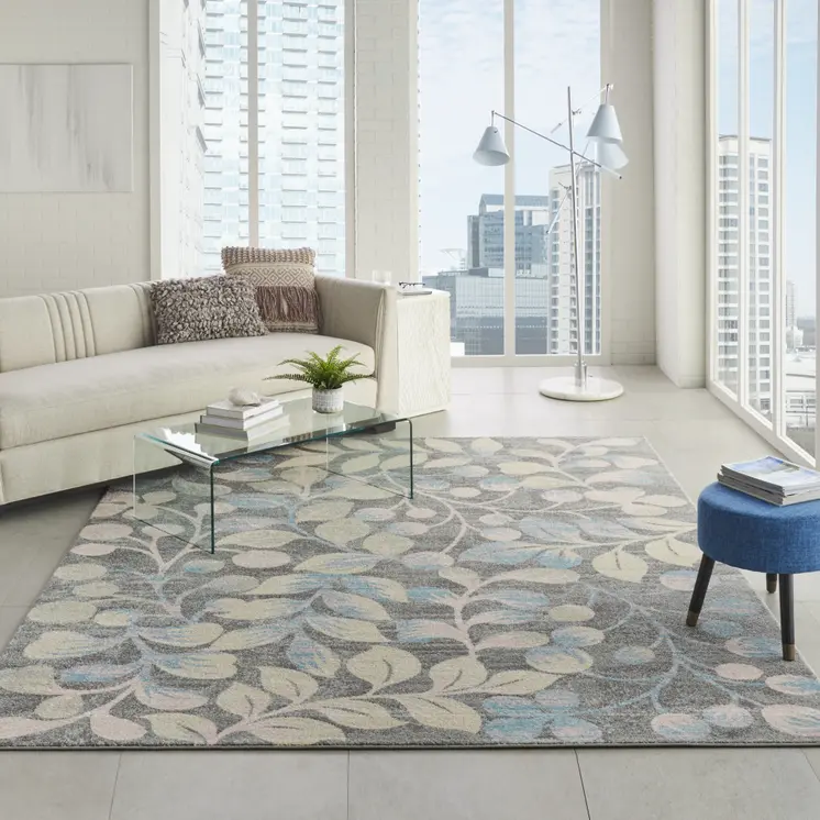 9' X 12' Beige Gray And Blue Botanical Leaves Area Rug