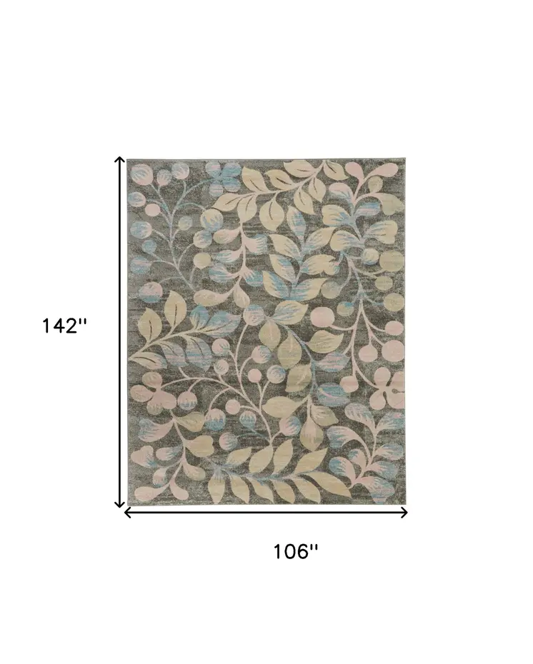 9' X 12' Beige Gray And Blue Botanical Leaves Area Rug