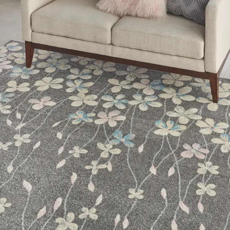 9' X 12' Beige And Gray Floral Area Rug