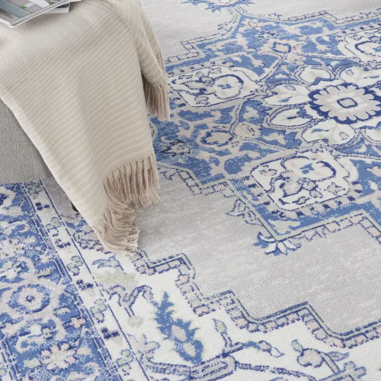 8' X 12' Ivory Blue and Gray Floral Distressed Non Skid Area Rug