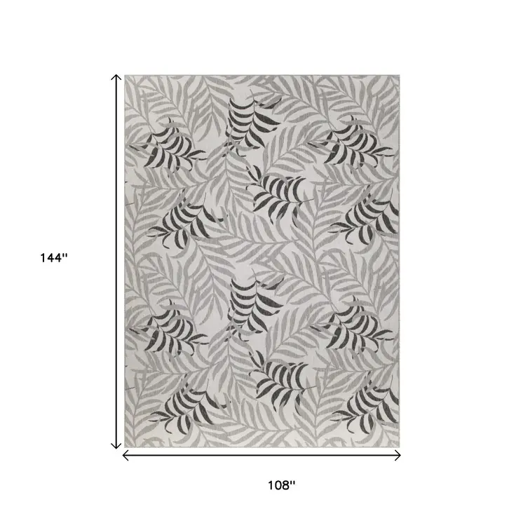 9' X 12' Gray Black And Ivory Palm Leaf Indoor Outdoor Area Rug