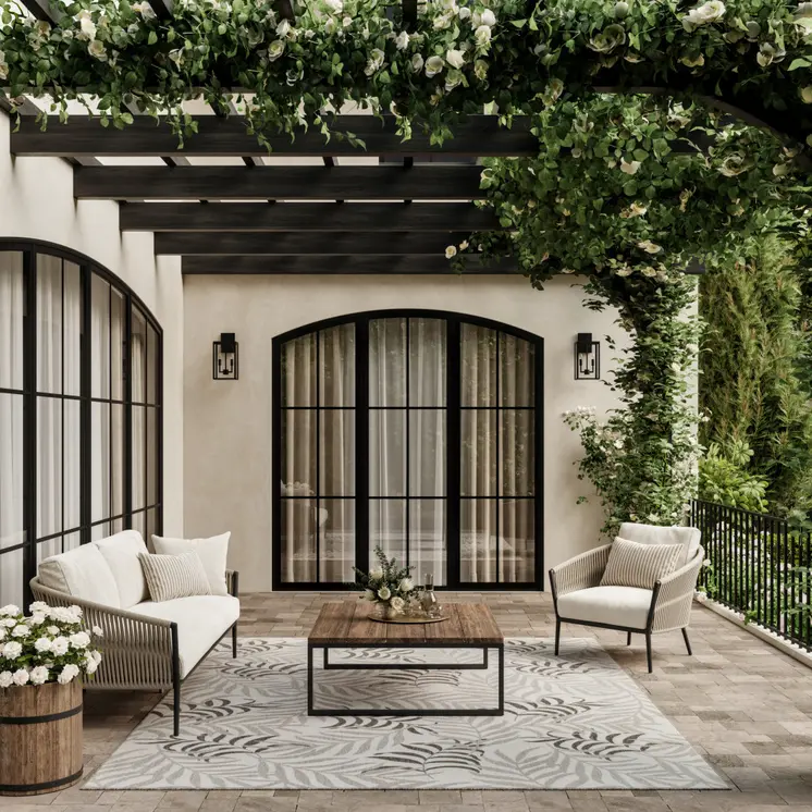 9' X 12' Gray Black And Ivory Palm Leaf Indoor Outdoor Area Rug
