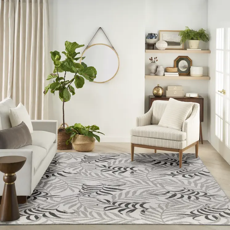 9' X 12' Gray Black And Ivory Palm Leaf Indoor Outdoor Area Rug