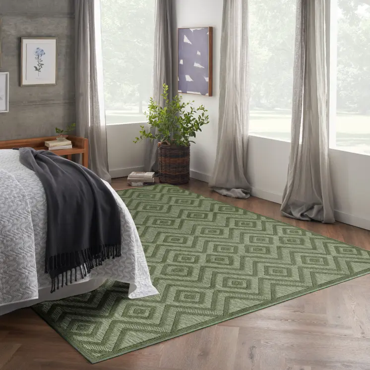 9' X 12' Dark Green And Light Green Geometric Indoor Outdoor Area Rug