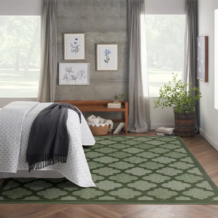 9' X 12' Dark Green And Light Green Trellis Indoor Outdoor Area Rug