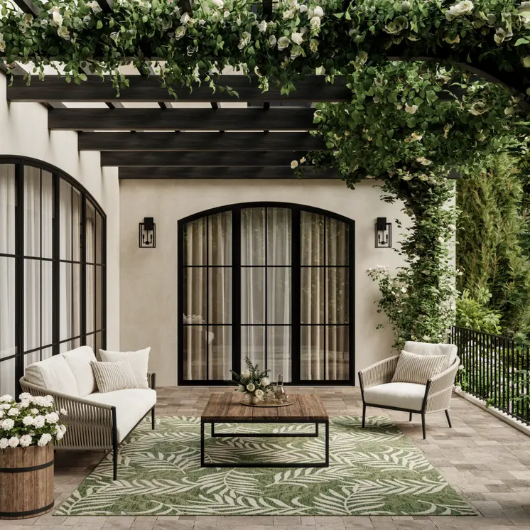 9' X 12' Ivory And Green Palm Leaf Indoor Outdoor Area Rug
