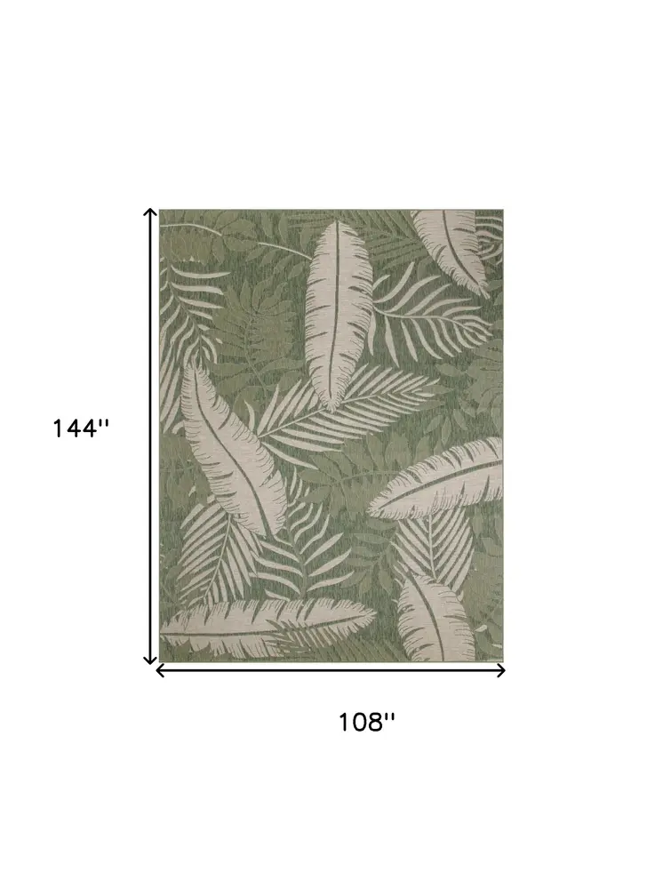 9' X 12' Ivory And Green Palm Leaf Indoor Outdoor Area Rug