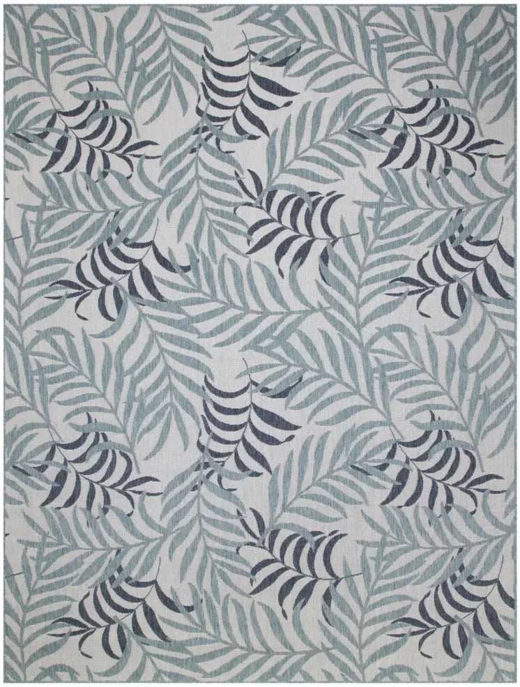 9' X 12' Ivory Sky Blue And Blue Palm Leaf Indoor Outdoor Area Rug