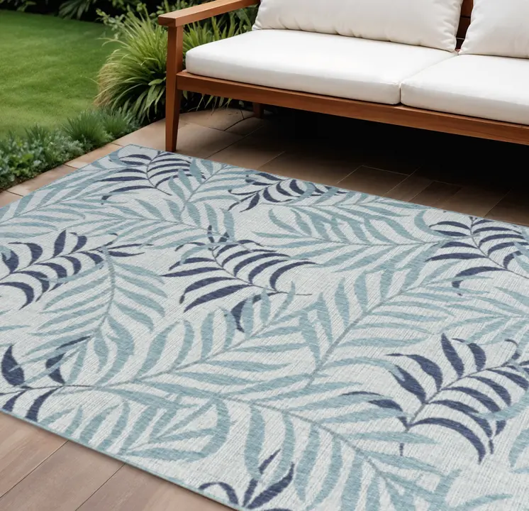 9' X 12' Ivory Sky Blue And Blue Palm Leaf Indoor Outdoor Area Rug