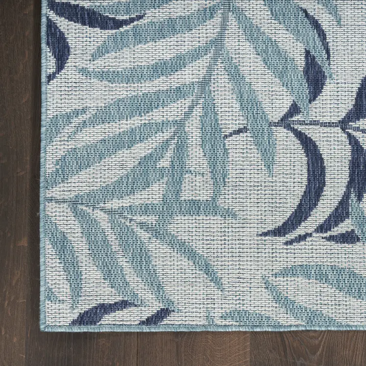 9' X 12' Ivory Sky Blue And Blue Palm Leaf Indoor Outdoor Area Rug