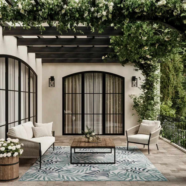 9' X 12' Ivory Sky Blue And Blue Palm Leaf Indoor Outdoor Area Rug