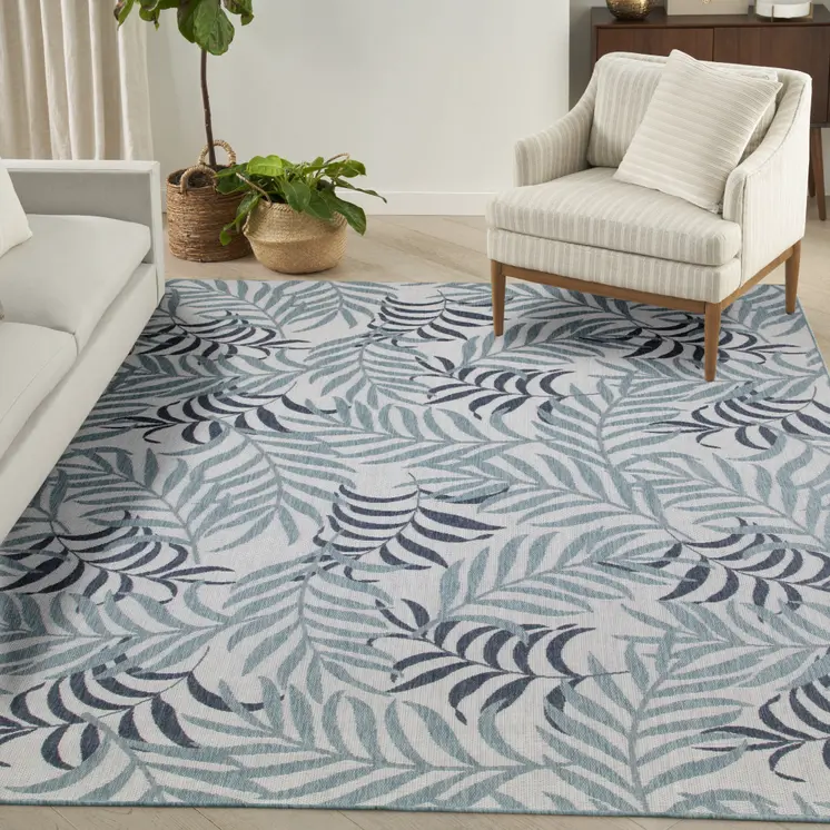 9' X 12' Ivory Sky Blue And Blue Palm Leaf Indoor Outdoor Area Rug