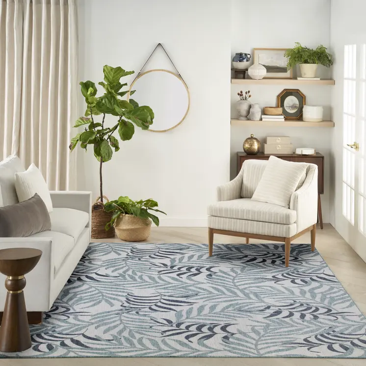 9' X 12' Ivory Sky Blue And Blue Palm Leaf Indoor Outdoor Area Rug