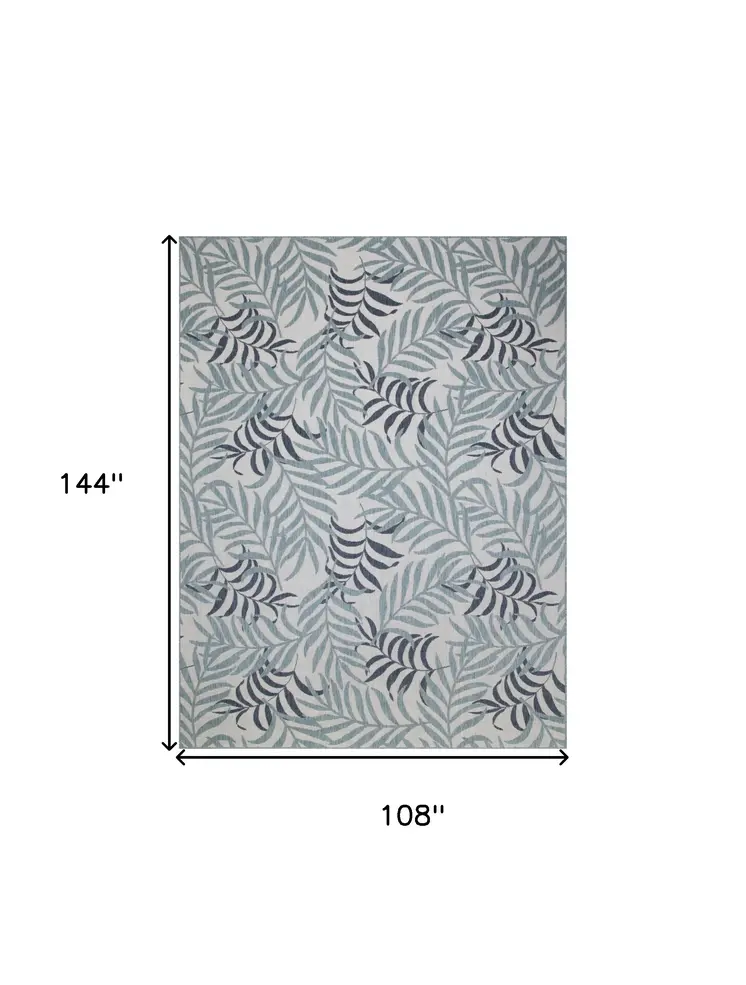 9' X 12' Ivory Sky Blue And Blue Palm Leaf Indoor Outdoor Area Rug
