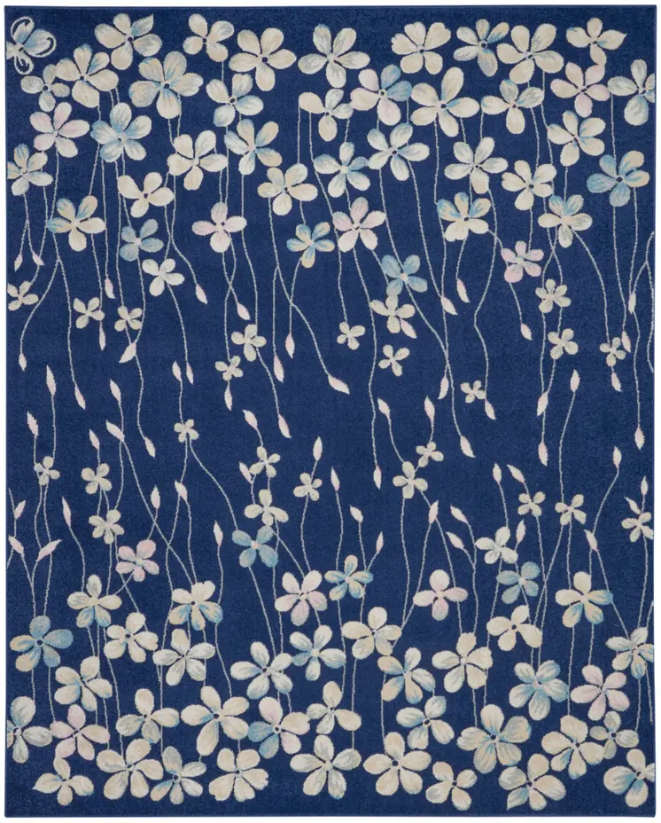 9' X 12' Navy Blue and Ivory Floral Area Rug
