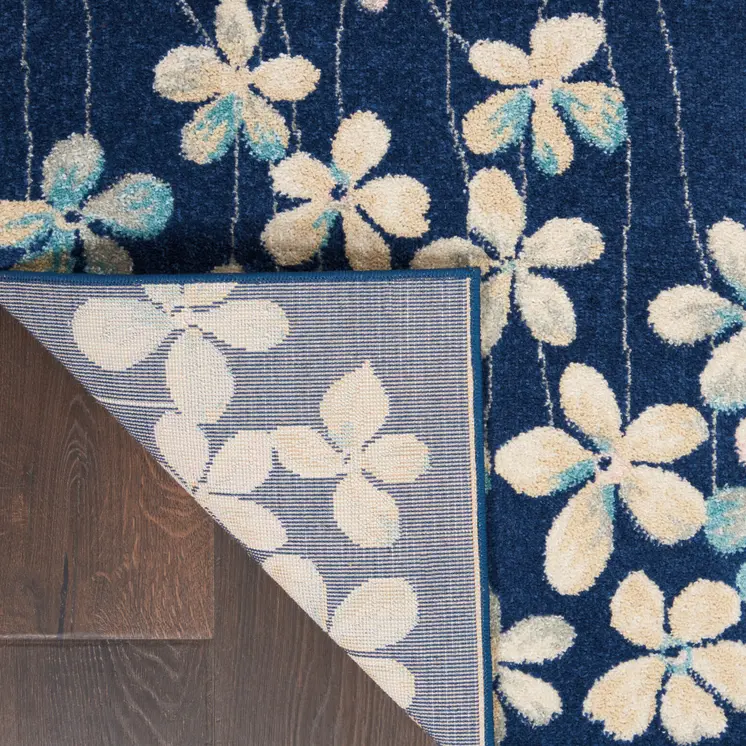 9' X 12' Navy Blue and Ivory Floral Area Rug