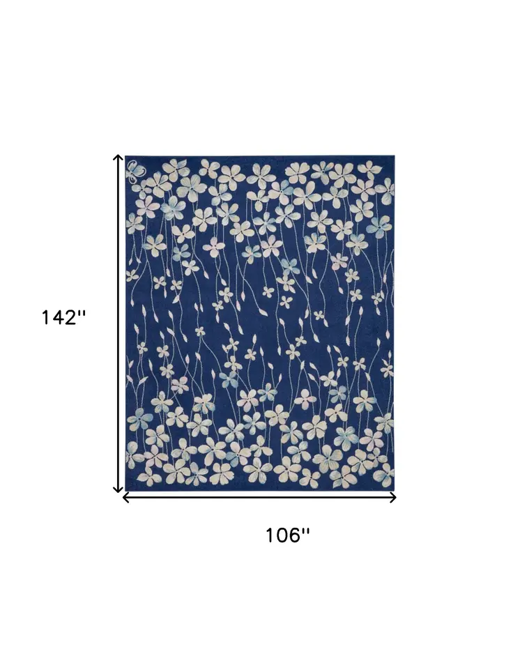9' X 12' Navy Blue and Ivory Floral Area Rug