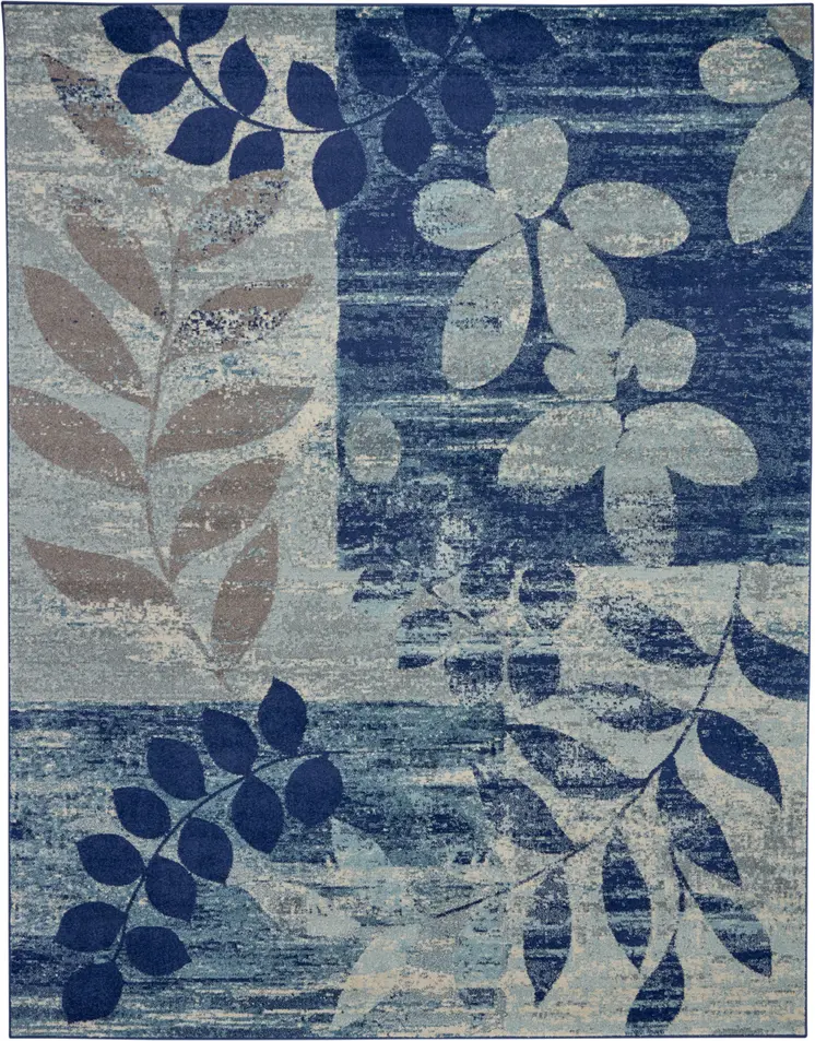 9' X 12' Navy Blue and Ivory Botanical Leaves Area Rug