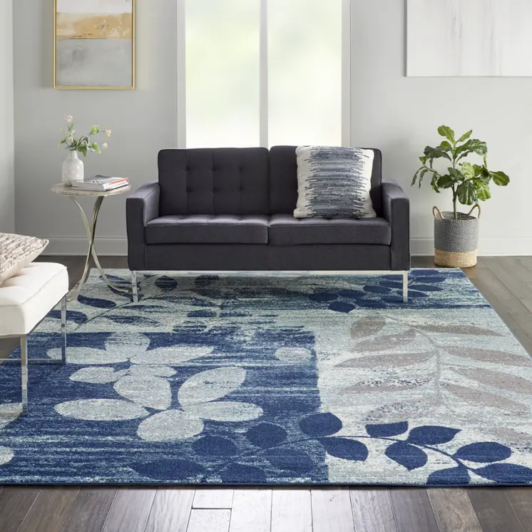 9' X 12' Navy Blue and Ivory Botanical Leaves Area Rug