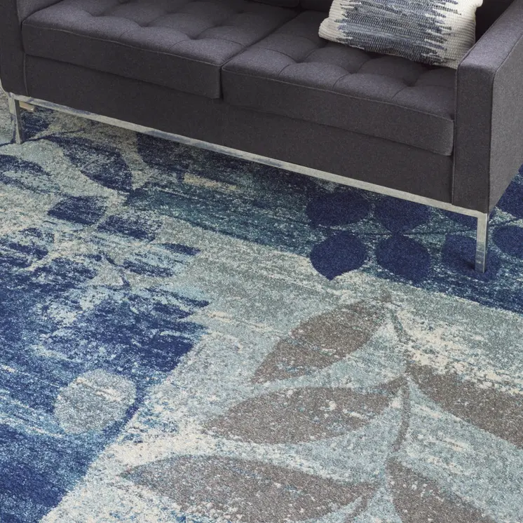 9' X 12' Navy Blue and Ivory Botanical Leaves Area Rug