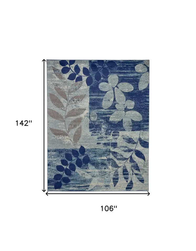 9' X 12' Navy Blue and Ivory Botanical Leaves Area Rug