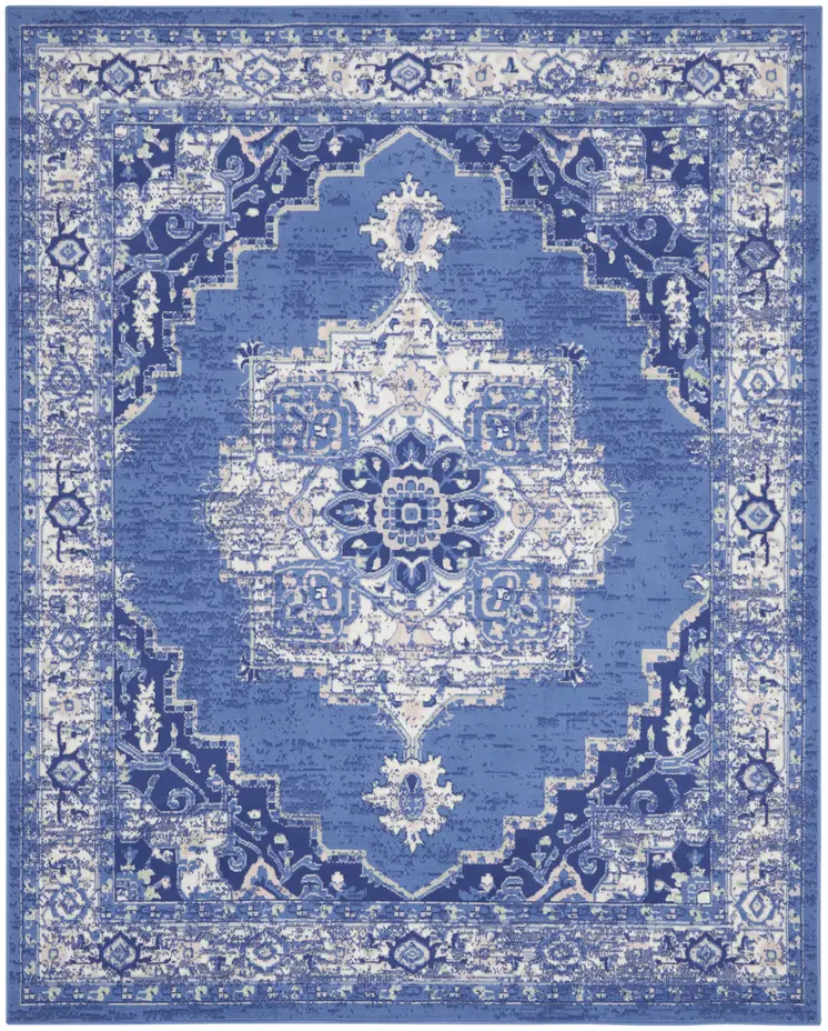 8' X 12' Ivory Navy Blue and Beige Floral Medallion Distressed Non Skid Area Rug