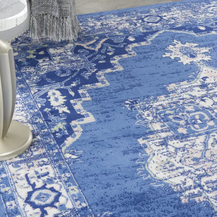 8' X 12' Ivory Navy Blue and Beige Floral Medallion Distressed Non Skid Area Rug