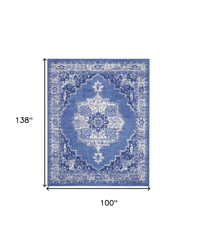 8' X 12' Ivory Navy Blue and Beige Floral Medallion Distressed Non Skid Area Rug