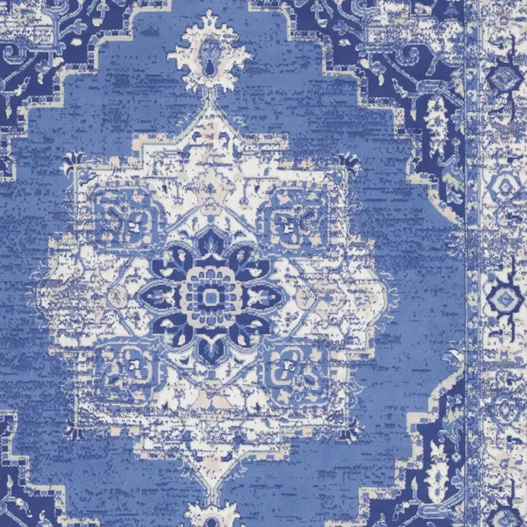 8' X 12' Ivory Navy Blue and Beige Floral Medallion Distressed Non Skid Area Rug