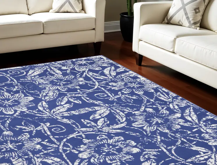 8' X 12' Ivory and Navy Blue Floral Distressed Non Skid Area Rug